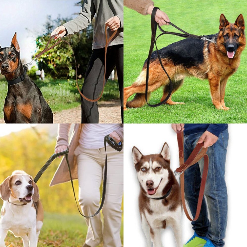 Genuine Leather DUAL Handle Dog 6 FT Leash, Easy Control Walking/Traffic Handle